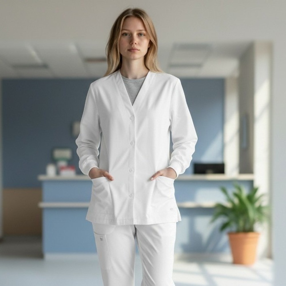 Landau Essentials White Scrub Jacket Button Front Classic Fit OS/ #26671